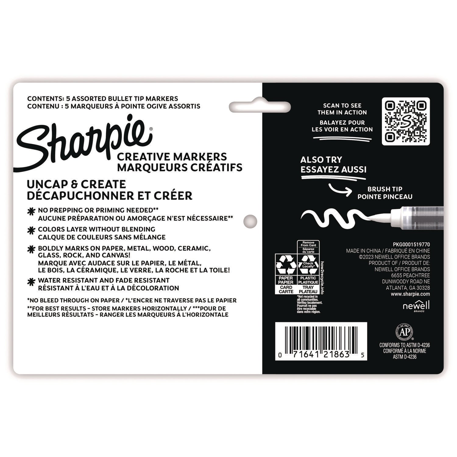 Sharpie® Creative Markers, Medium Bullet Tip, Assorted Colors, 5/Pack