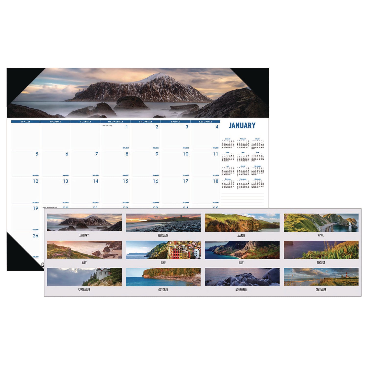 Earthscapes Recycled Monthly Desk Pad Calendar, Coastlines Photos, 18.5 x 13, Black Binding/Corners,12-Month (Jan-Dec): 2025