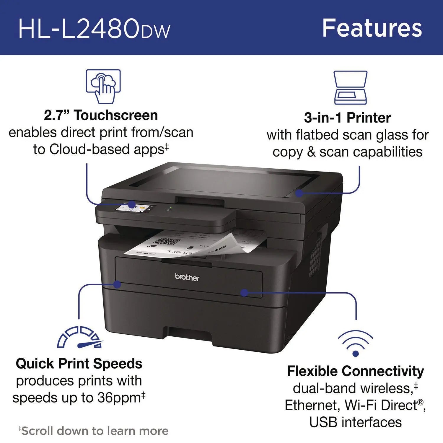 Wireless HL-L2480DW Compact Monochrome Multi-Function Laser Printer, Copy/Print/Scan Brother Flipcost