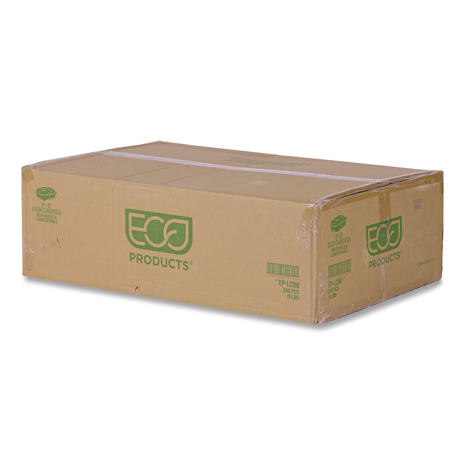 Eco-Products® Renewable and Compostable Clear Clamshell Hinged Food Containers, 9 x 6 x 3, Plastic, 80/Pack, 3 Packs/Carton