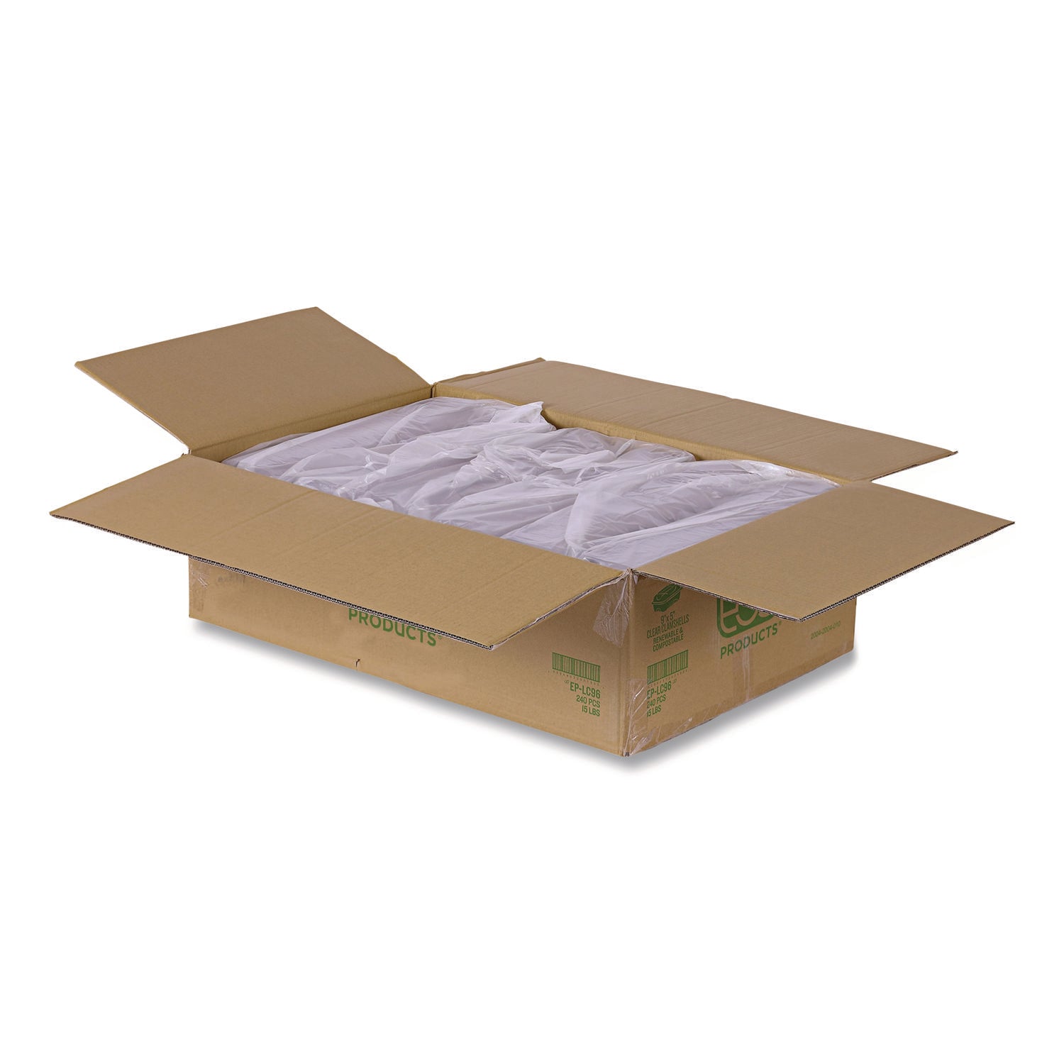 Eco-Products® Renewable and Compostable Clear Clamshell Hinged Food Containers, 9 x 6 x 3, Plastic, 80/Pack, 3 Packs/Carton