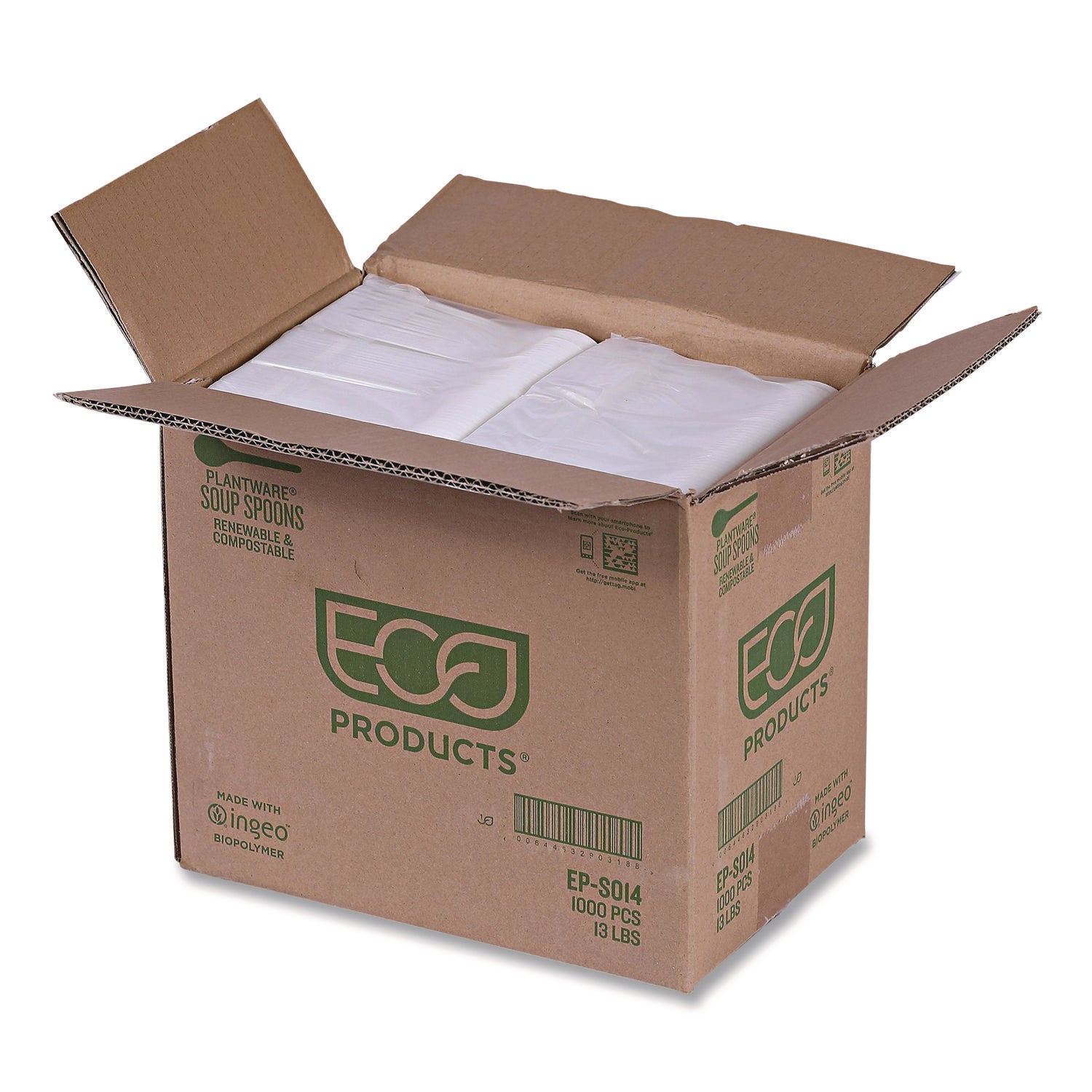 Eco-Products® Plantware Compostable Soup Spoon, Heavyweight, Plastic, White, 50/Pack, 20 Packs/Carton