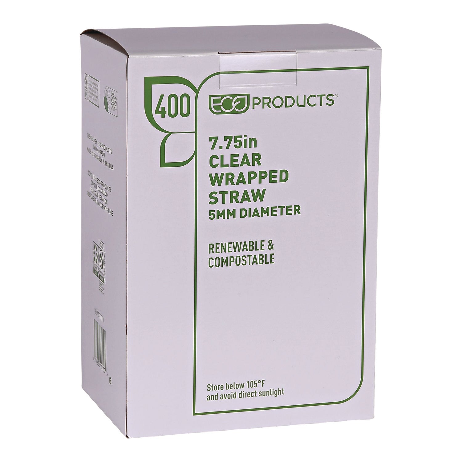 Eco-Products® Clear Wrapped Straw, 7.75", Pla, 400/pack, 24 Packs/carton