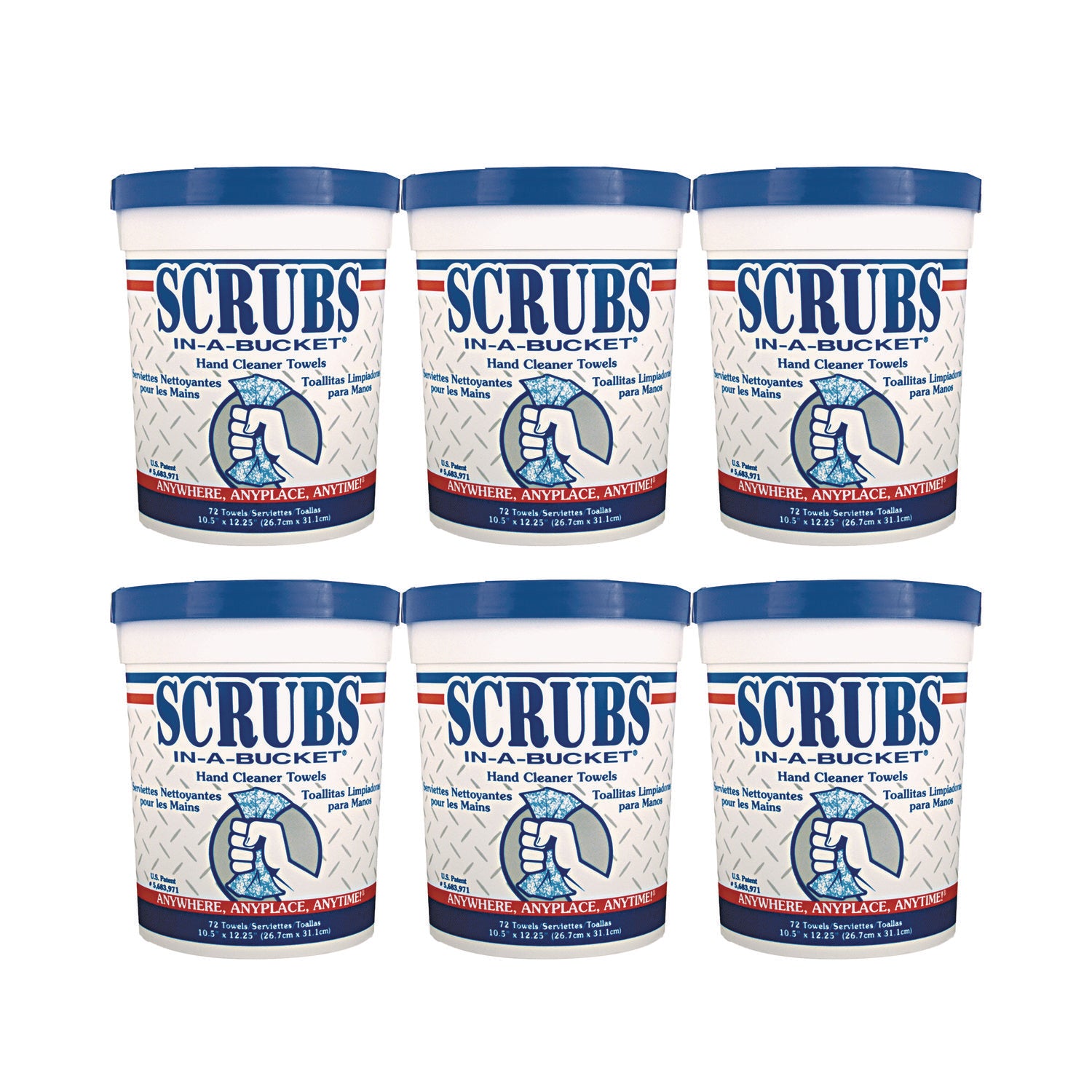 Hand Cleaner Towels, 1-Ply, 10 x 12, Citrus, Blue/White, 72/Bucket, 6 Buckets/Carton