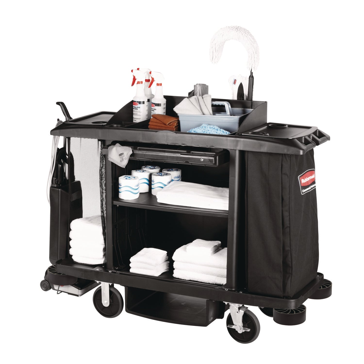 Rubbermaid® Commercial Housekeeping Cart, Plastic, 3 Shelves, 2 Bins, 22" x 60" x 50", Black