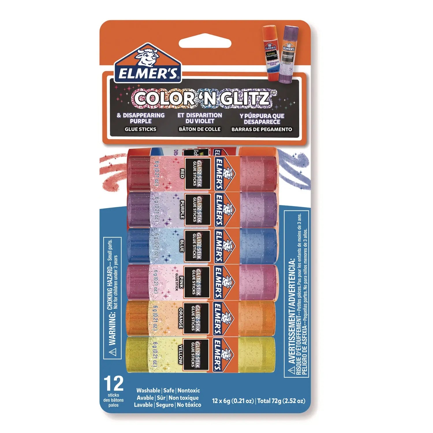 Glitter Glue Sticks, Applies Assorted Colors, 0.21 oz, Dries Clear Glitter, 12/Pack