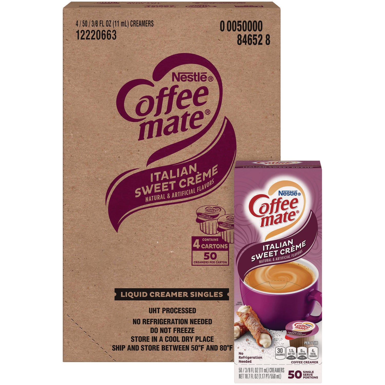 Coffee mate® Liquid Coffee Creamer, Italian Sweet Cream, 0.38 oz Mini Cups, 50/Box, 4 Boxes/Carton