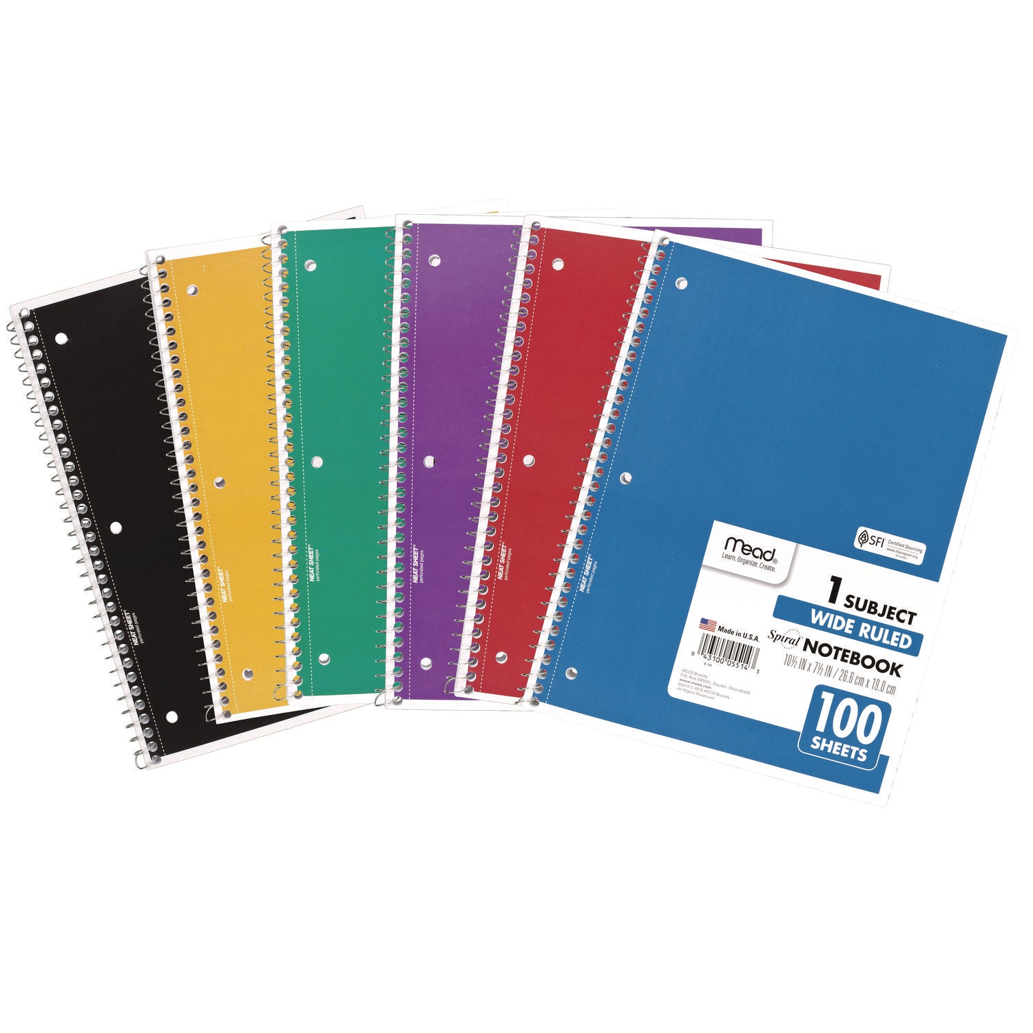 Mead® Spiral Notebook, 3-Hole Punched, 1-Subject, Wide/Legal Rule, Randomly Assorted Cover Color, (100) 10.5 x 7.5 Sheets