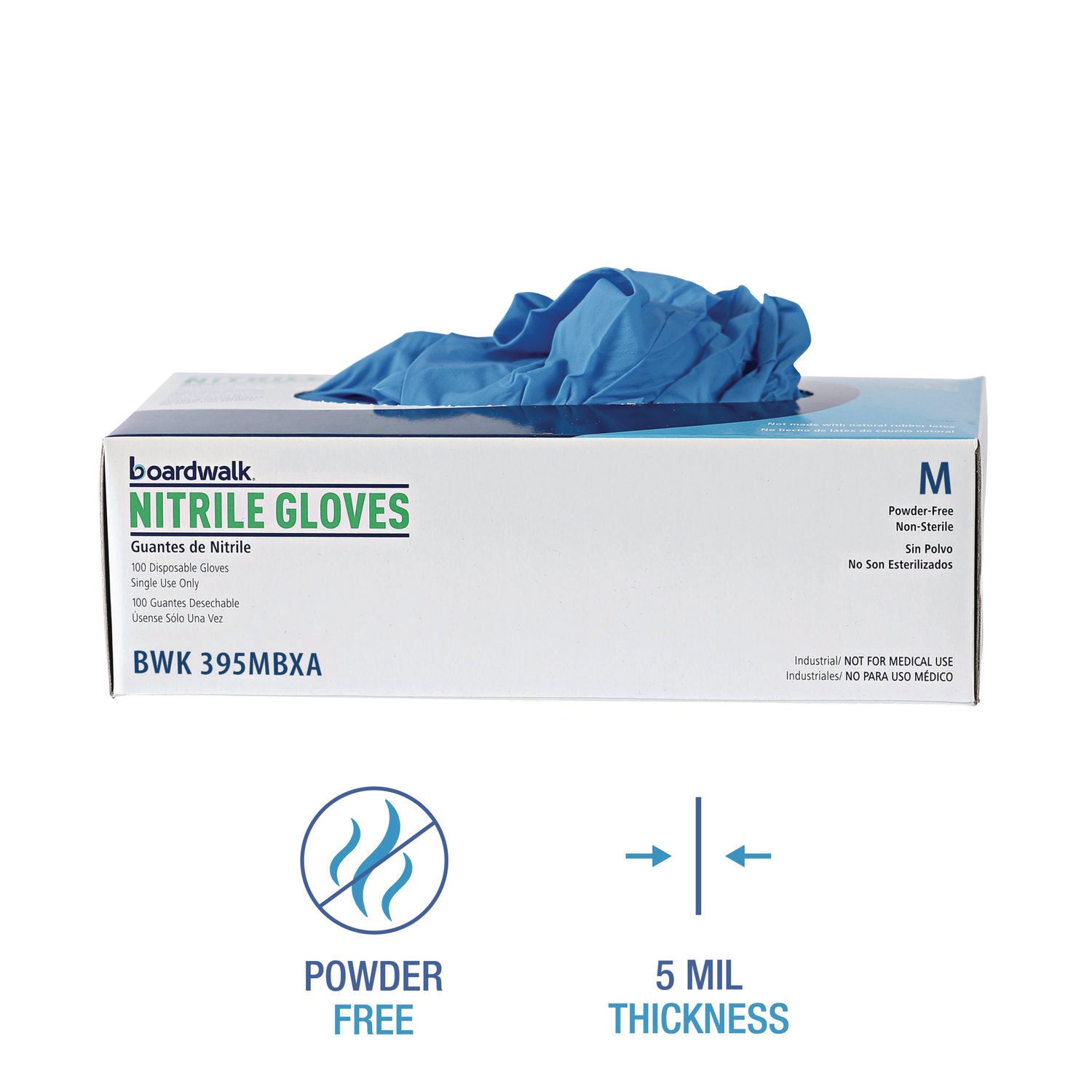 Boardwalk® Disposable Powder-Free Nitrile Gloves, Medium, Blue, 5 mil, 1,000/Carton