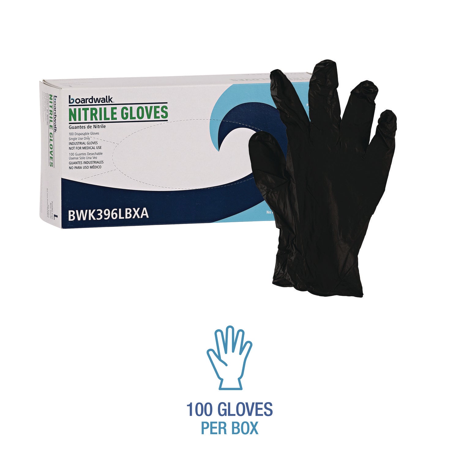 Boardwalk® Disposable General-Purpose Powder-Free Nitrile Gloves, Large, Black, 4.4 mil, 100/Box