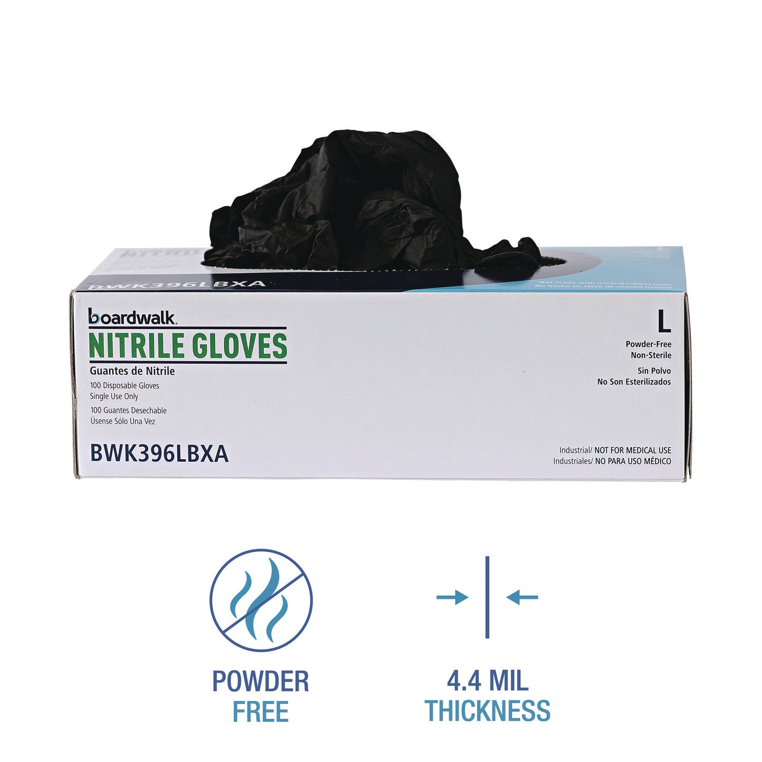Boardwalk® Disposable General-Purpose Powder-Free Nitrile Gloves, Large, Black, 4.4 mil, 100/Box