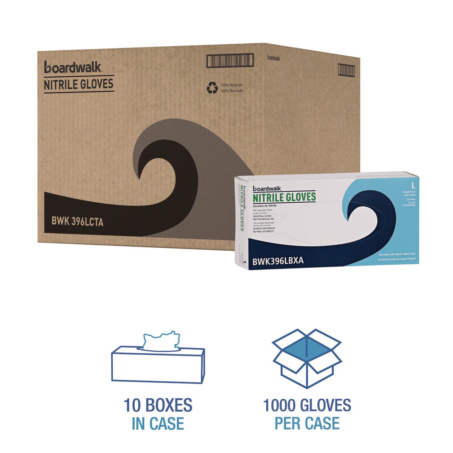 Boardwalk® Disposable General-Purpose Powder-Free Nitrile Gloves, Large, Black, 4.4 mil, 100/Box, 10 Boxes/Carton