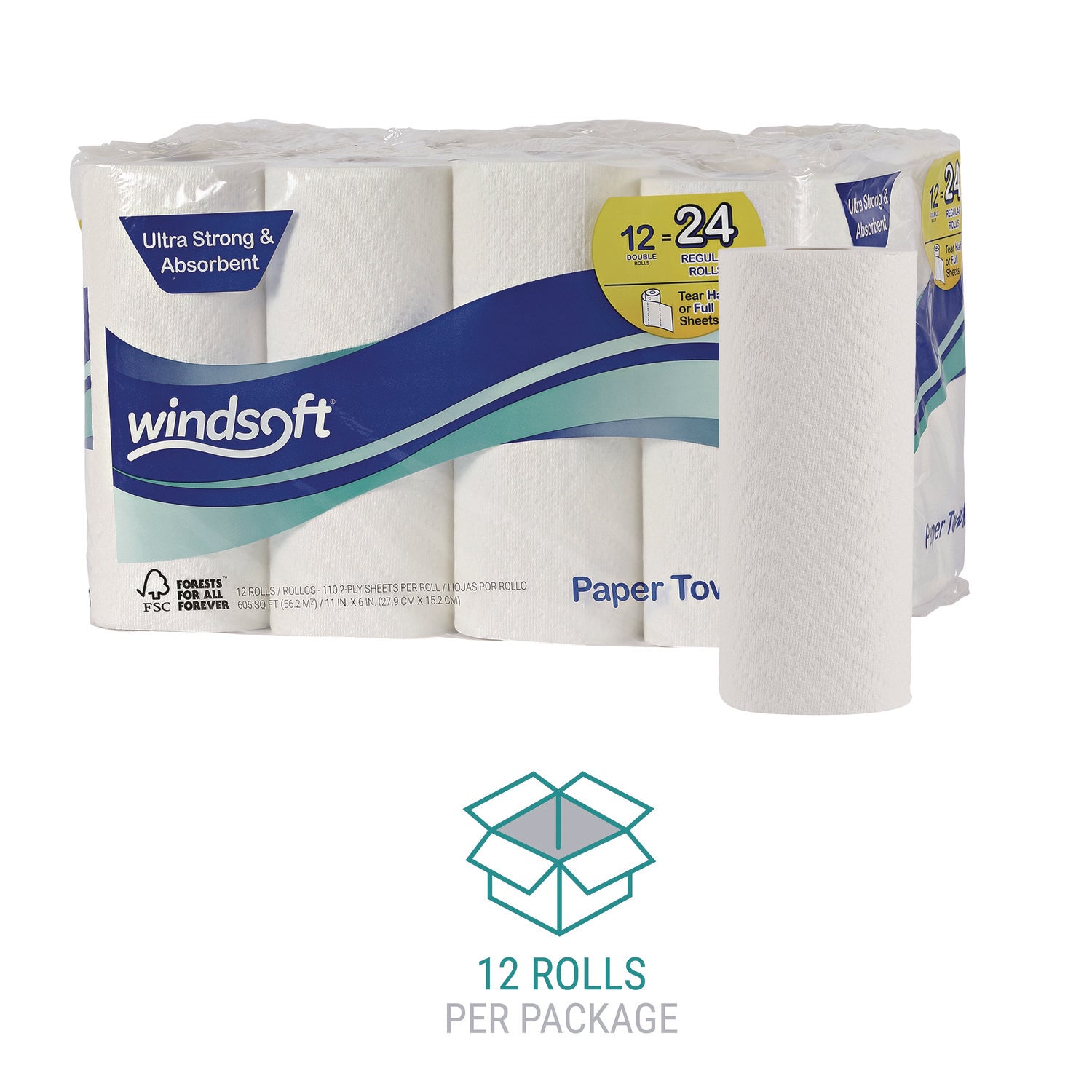 Windsoft® Premium Kitchen Roll Towels, 2-Ply, 11 x 6, White, 110/Roll, 12 Rolls/Carton