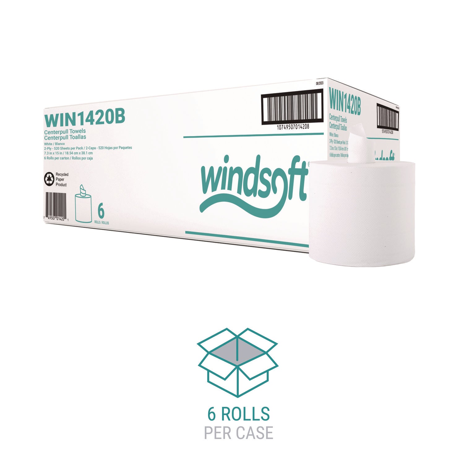 Windsoft® Center-Flow Perforated Paper Towel Roll, 7.3 x 15, White, 6 Rolls/Carton