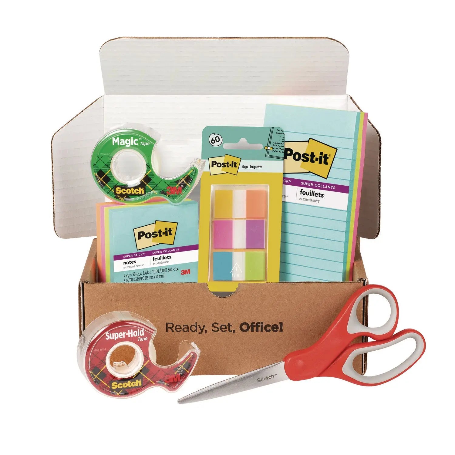 Office Essentials Kit, 7 Pads Assorted Super Sticky Notes, 1 Pack Flags, Roll Magic Tape, Roll Super-Hold Tape, 1 Scissors