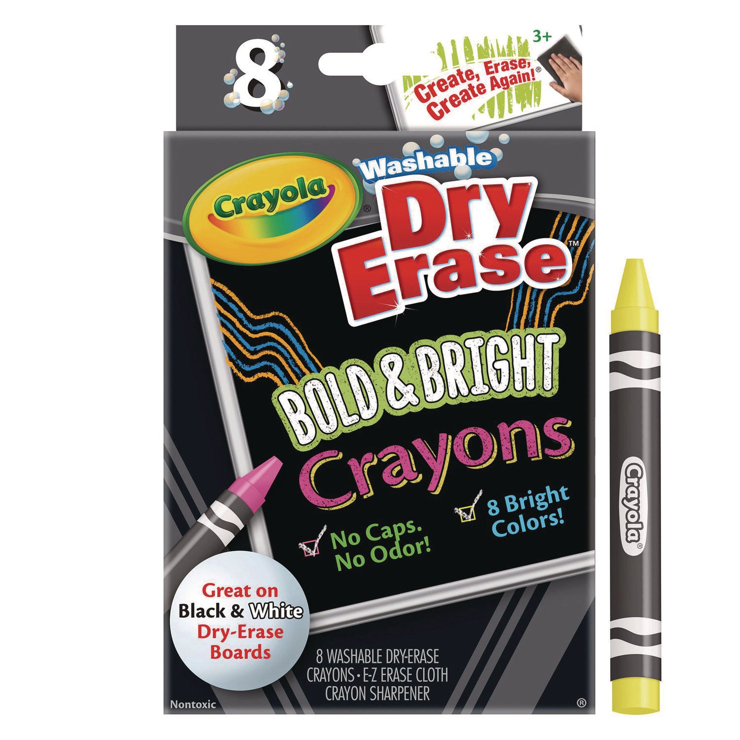 Crayola® Washable Dry Erase Crayons w/E-Z Erase Cloth, Assorted Bright Colors, 8/Box