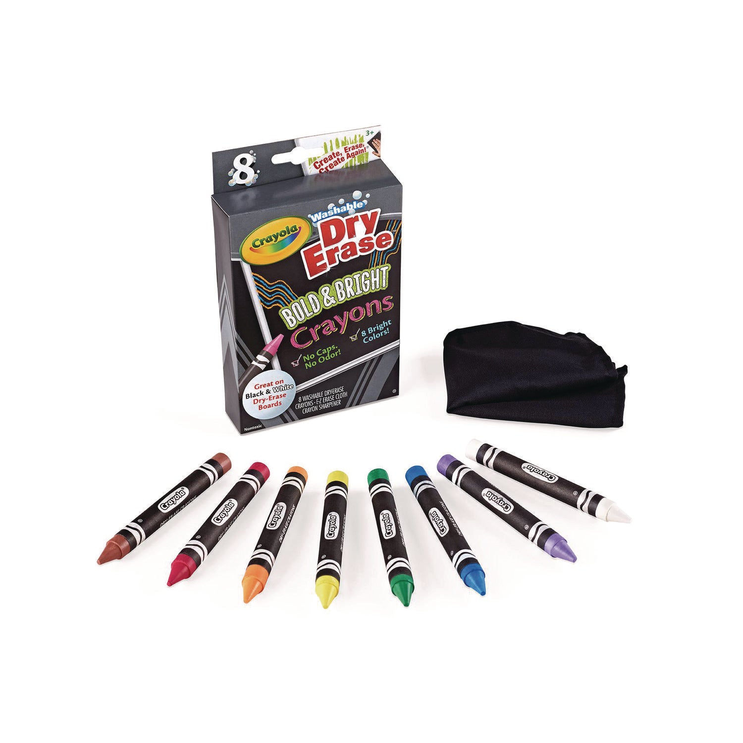 Crayola® Washable Dry Erase Crayons w/E-Z Erase Cloth, Assorted Bright Colors, 8/Box