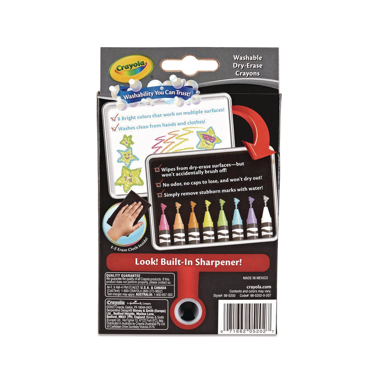 Crayola® Washable Dry Erase Crayons w/E-Z Erase Cloth, Assorted Bright Colors, 8/Box