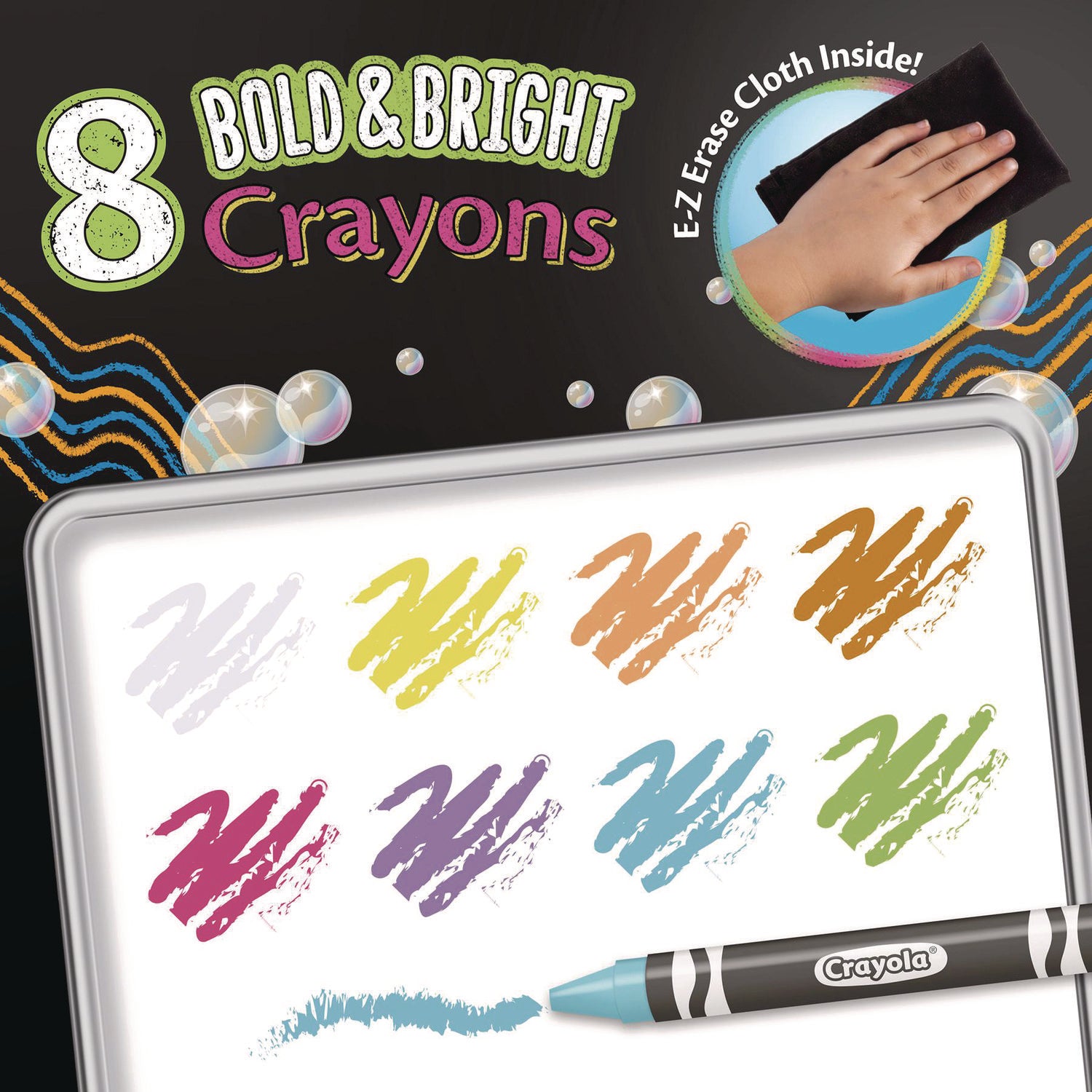 Crayola® Washable Dry Erase Crayons w/E-Z Erase Cloth, Assorted Bright Colors, 8/Box