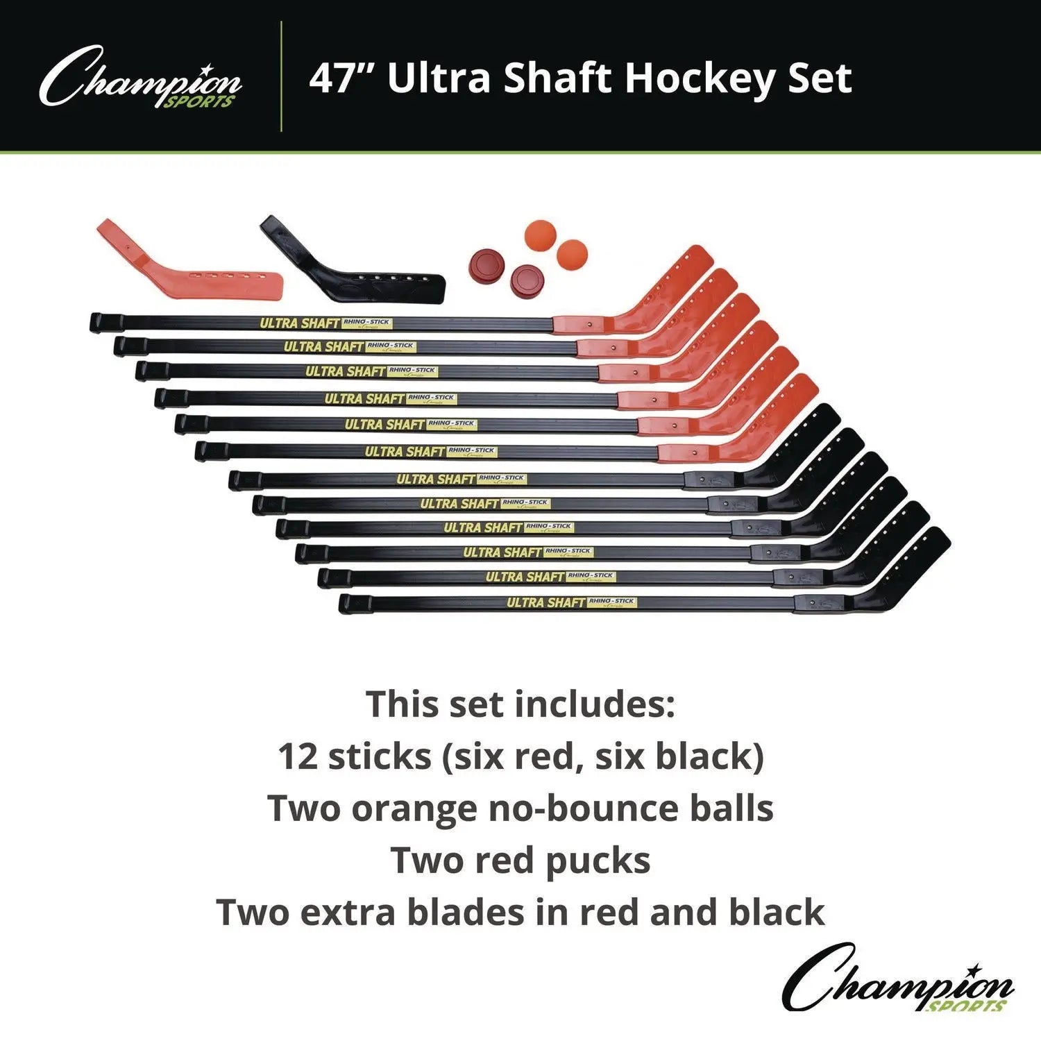 Ultra Shaft Hockey Set, Twelve 47' Hockey Sticks/Two Pucks/Two Balls/Two Extra Blades Champion Sports Flipcost