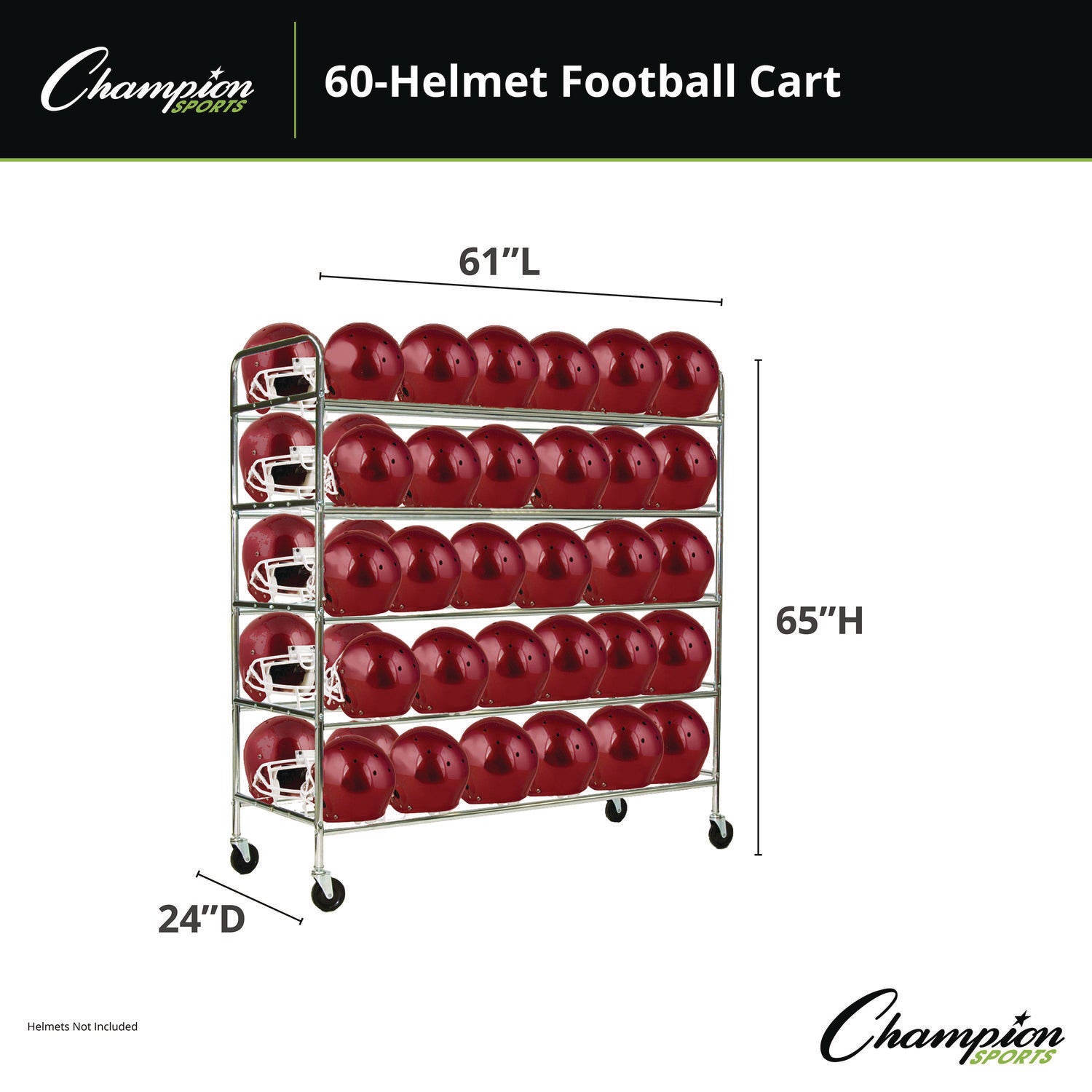 Champion Sports 60 Helmet Football Cart, Five Shelves, Metal, 176 lb Capacity, 24" x 61" x 65", Chrome