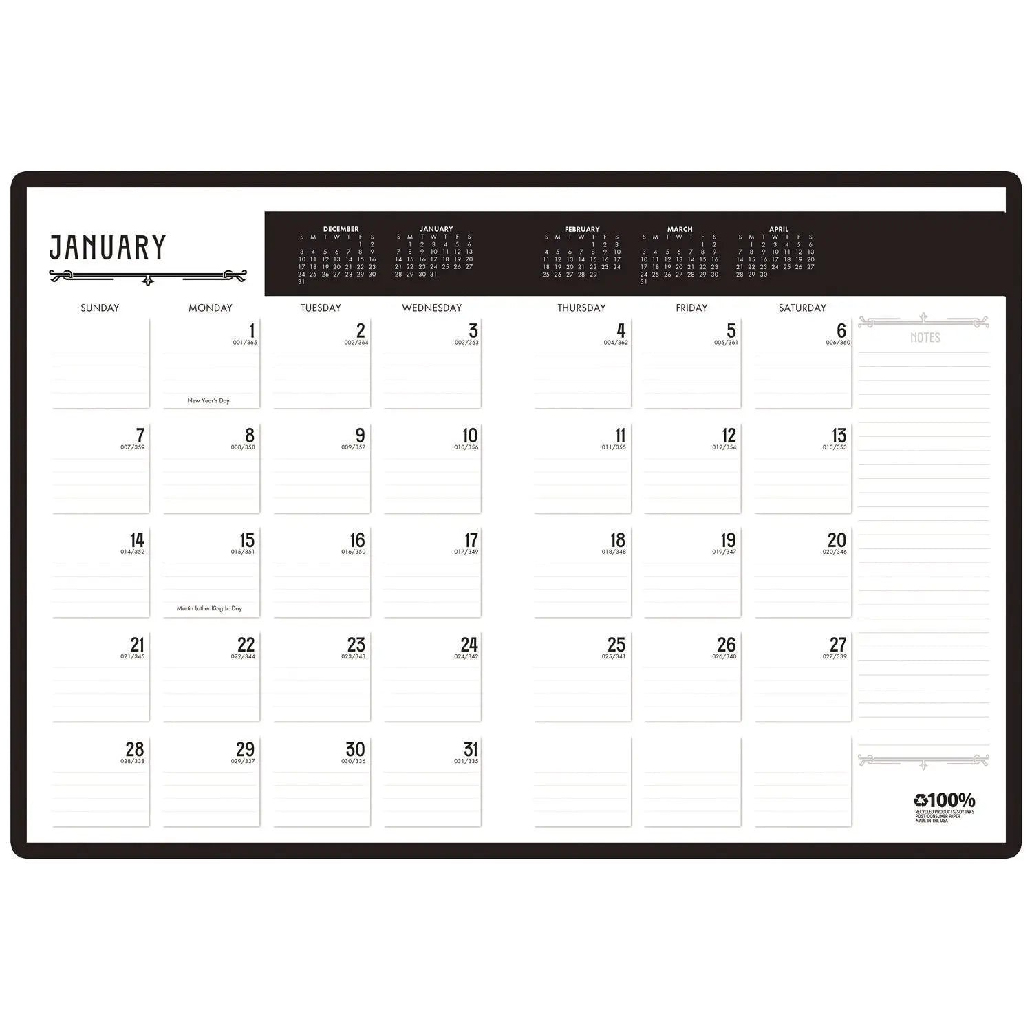 100% Recycled Deco Days Monthly Planner, 11 x 8.5, Black/Gold Cover, 12-Month (Jan to Dec): 2025