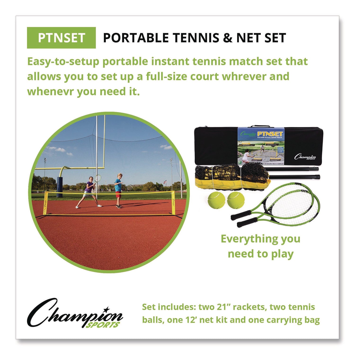 Champion Sports Tennis Net Set with 2 Rackets and 2 Tennis Balls