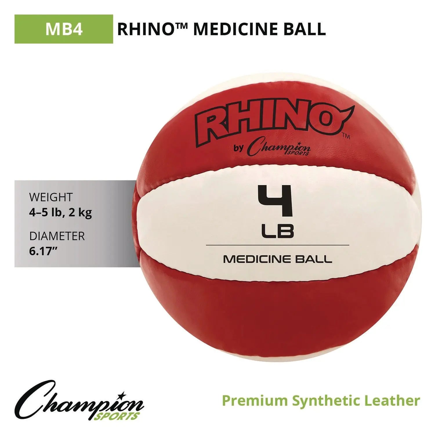 Rhino Leather Medicine Ball, 4 lb, Red/White Champion Sports Flipcost