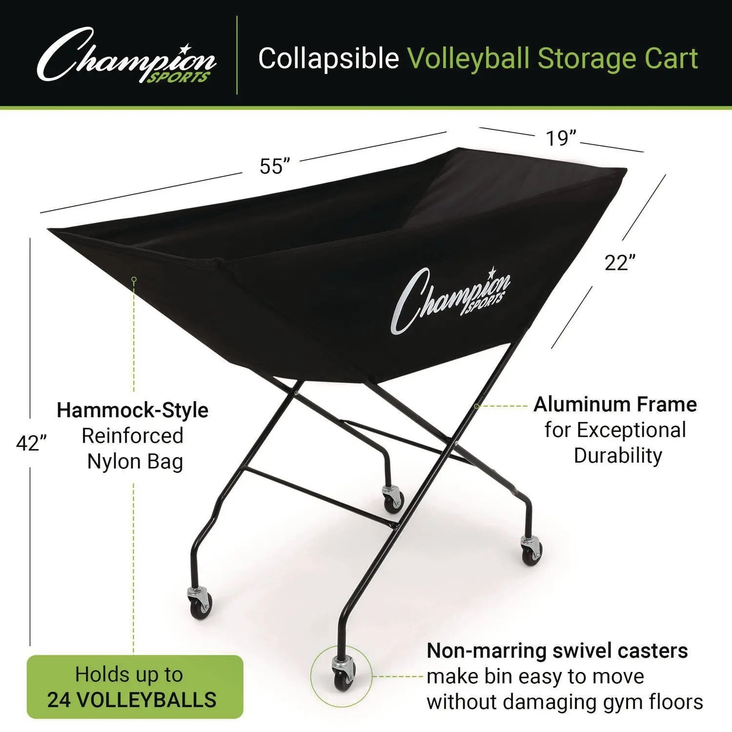 Pro Collapsible Volleyball Cart, 23" x 55" x 41", Black Champion Sports Flipcost