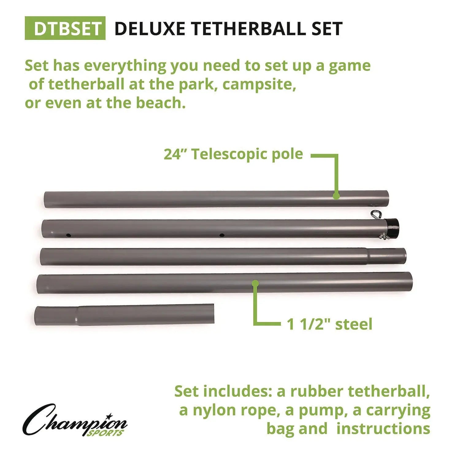 Deluxe Tether Ball Set, Tetherball/102" Cord/(4) 24" Telescoping Poles/Carry Bag/Pump with Needle Champion Sports Flipcost