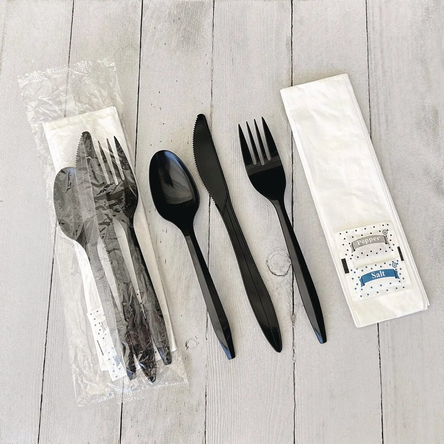 Six-Piece Cutlery Kit, Fork/Knife/Napkin/Pepper/Salt/Spoon, Black, 250/Carton Boardwalk® Flipcost