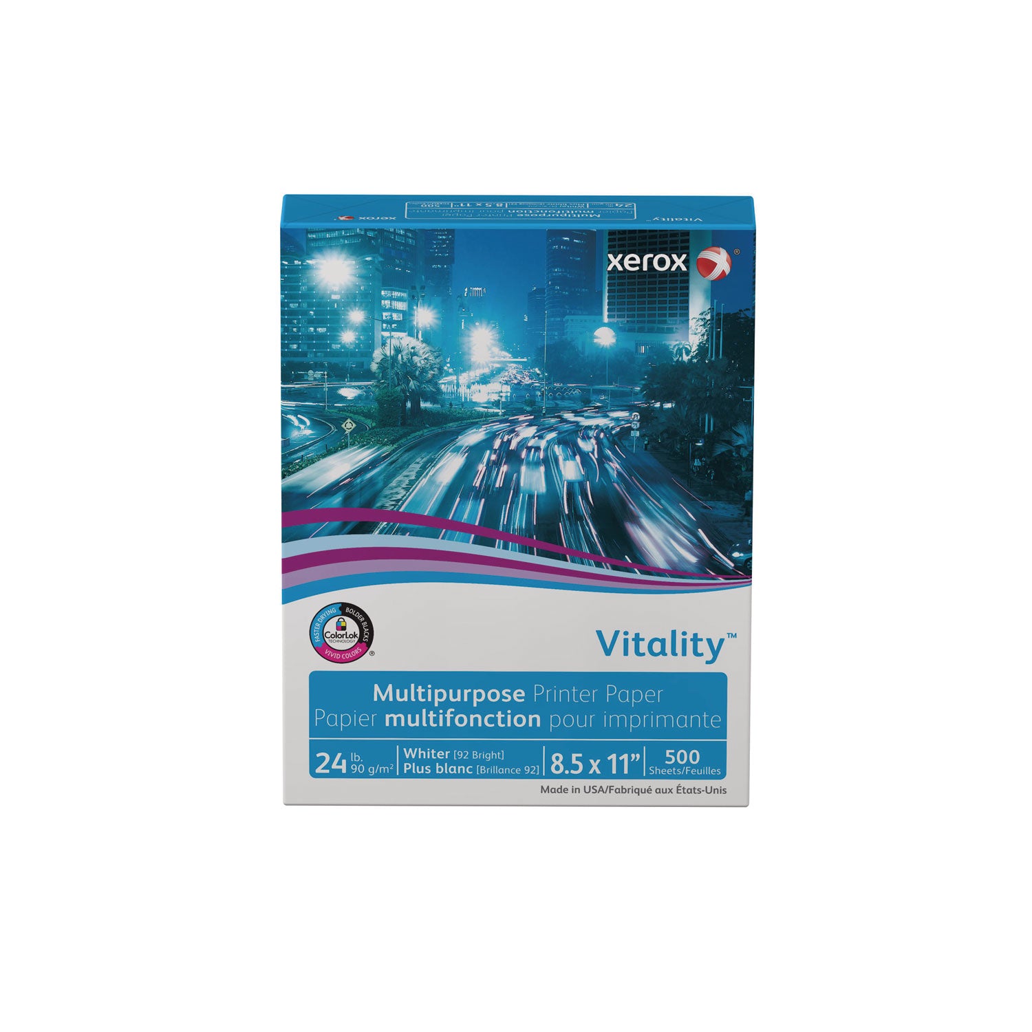 xerox™ Vitality Multipurpose Print Paper, 92 Bright, 24 lb Bond Weight, 8.5 x 11, White, 500/Ream