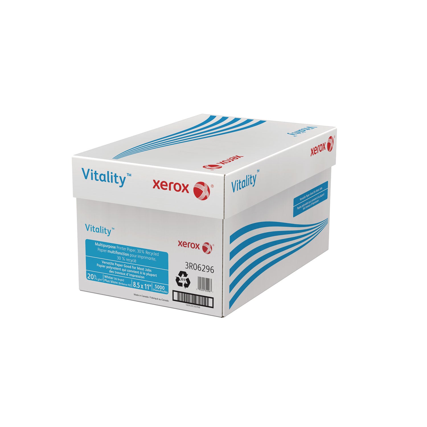 xerox™ Vitality 30% Recycled Multipurpose Paper, 92 Bright, 20 lb Bond Weight, 8.5 x 11, White, 500/Ream