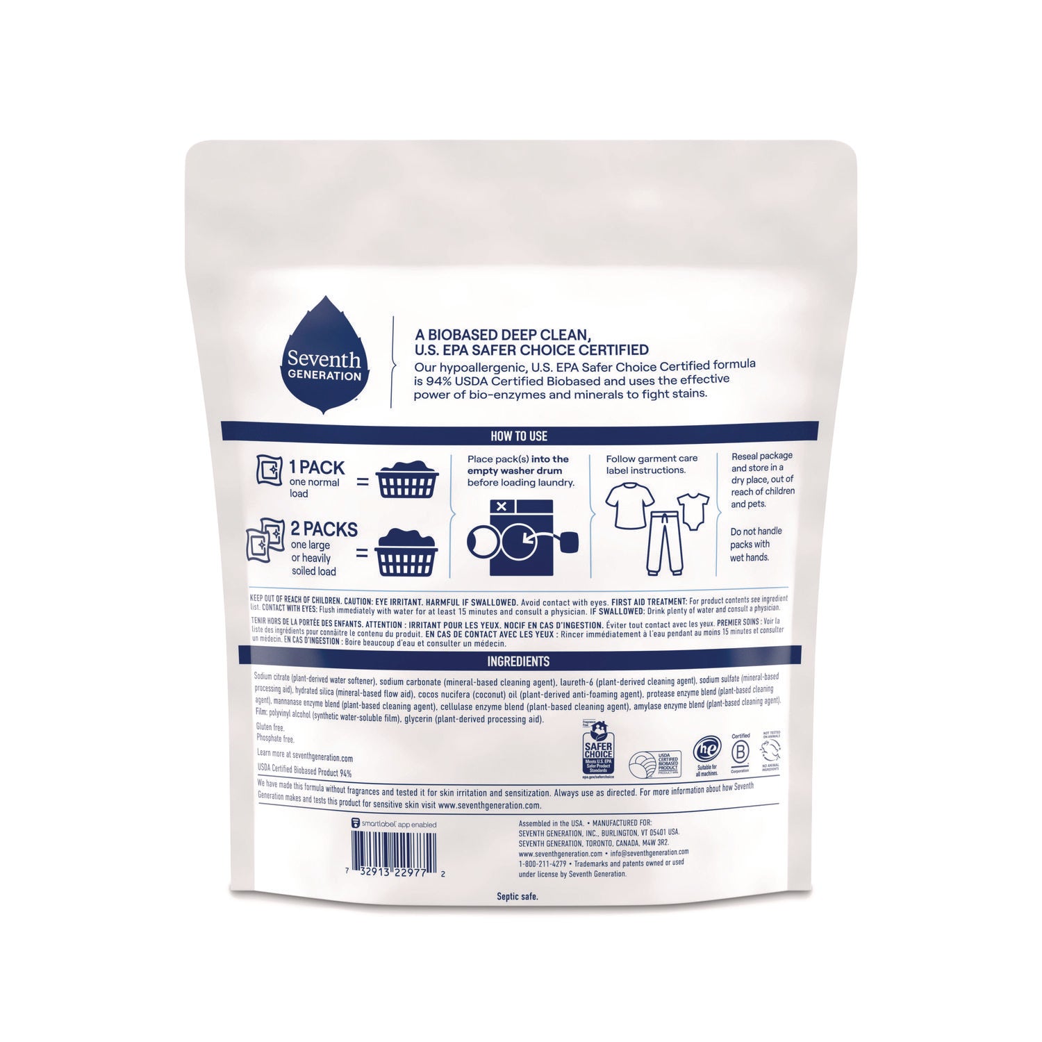 Seventh Generation® Natural Laundry Detergent Packs, Powder, Unscented, 45 Packets/pack