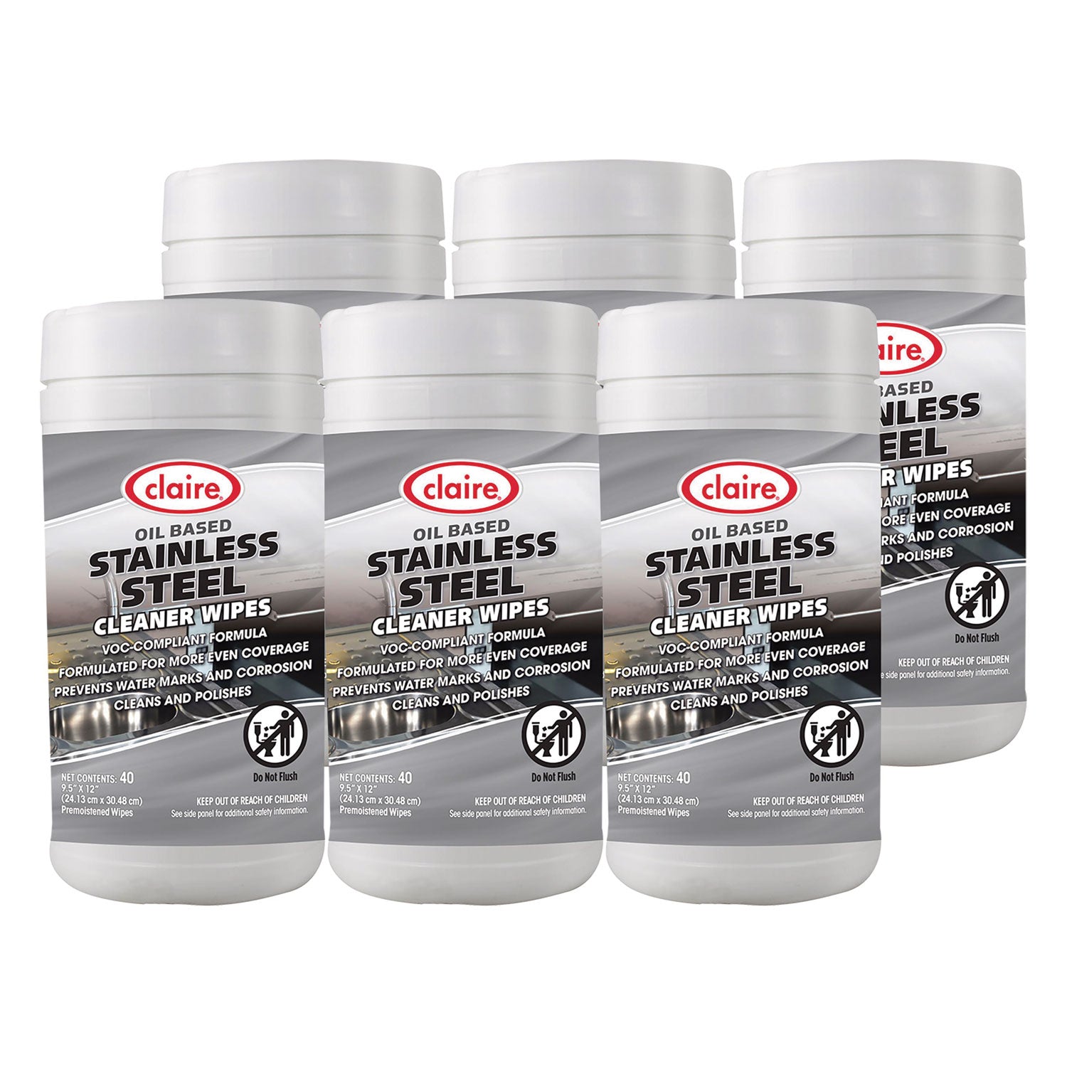 Claire® Stainless Steel Cleaner Wipes, 9.5 x 12, Citrus, Purple, 40 Wipes/Canister, 6 Canisters/Carton
