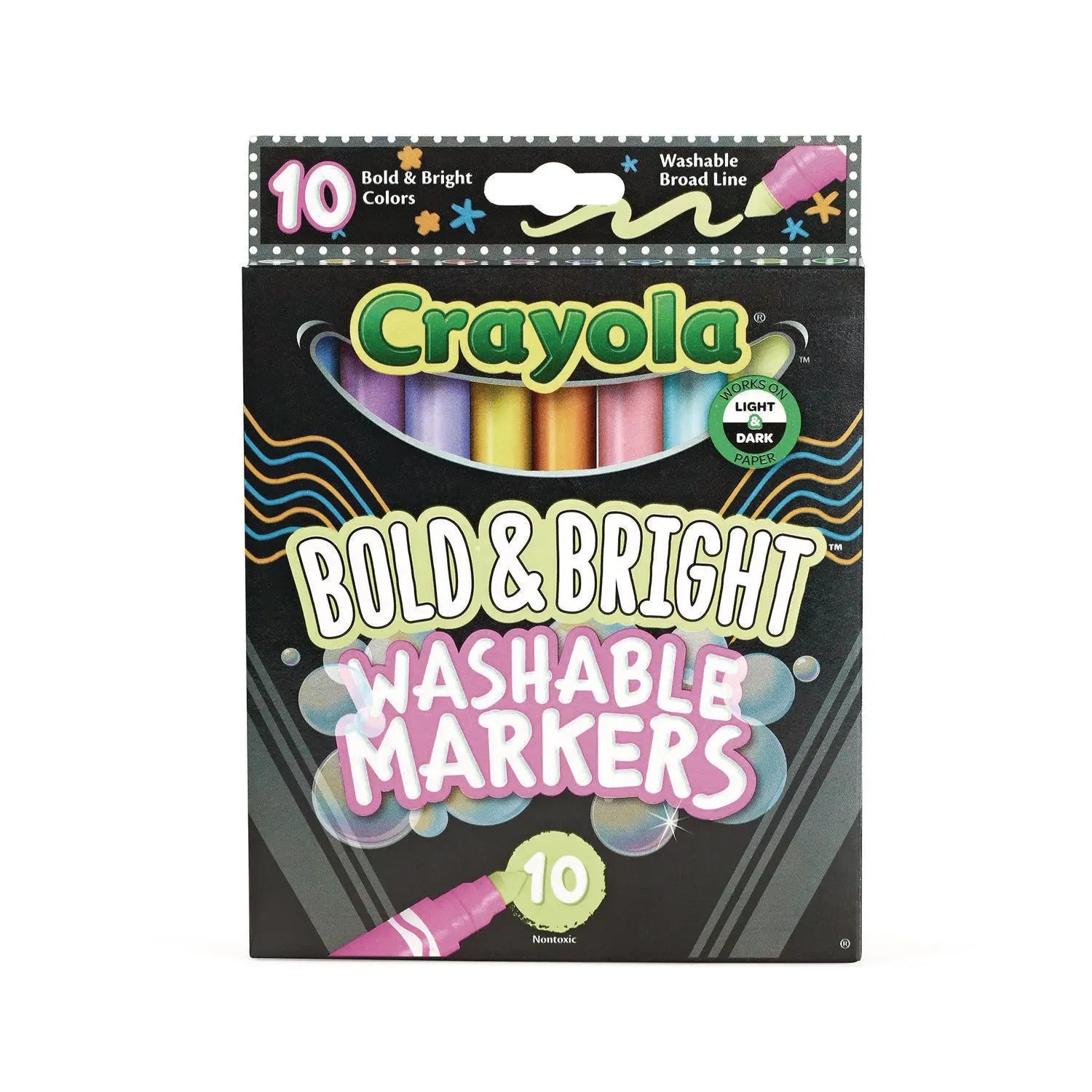 Bold and Bright Washable Markers, Broad Bullet Tip, Assorted Colors, 10/Box
