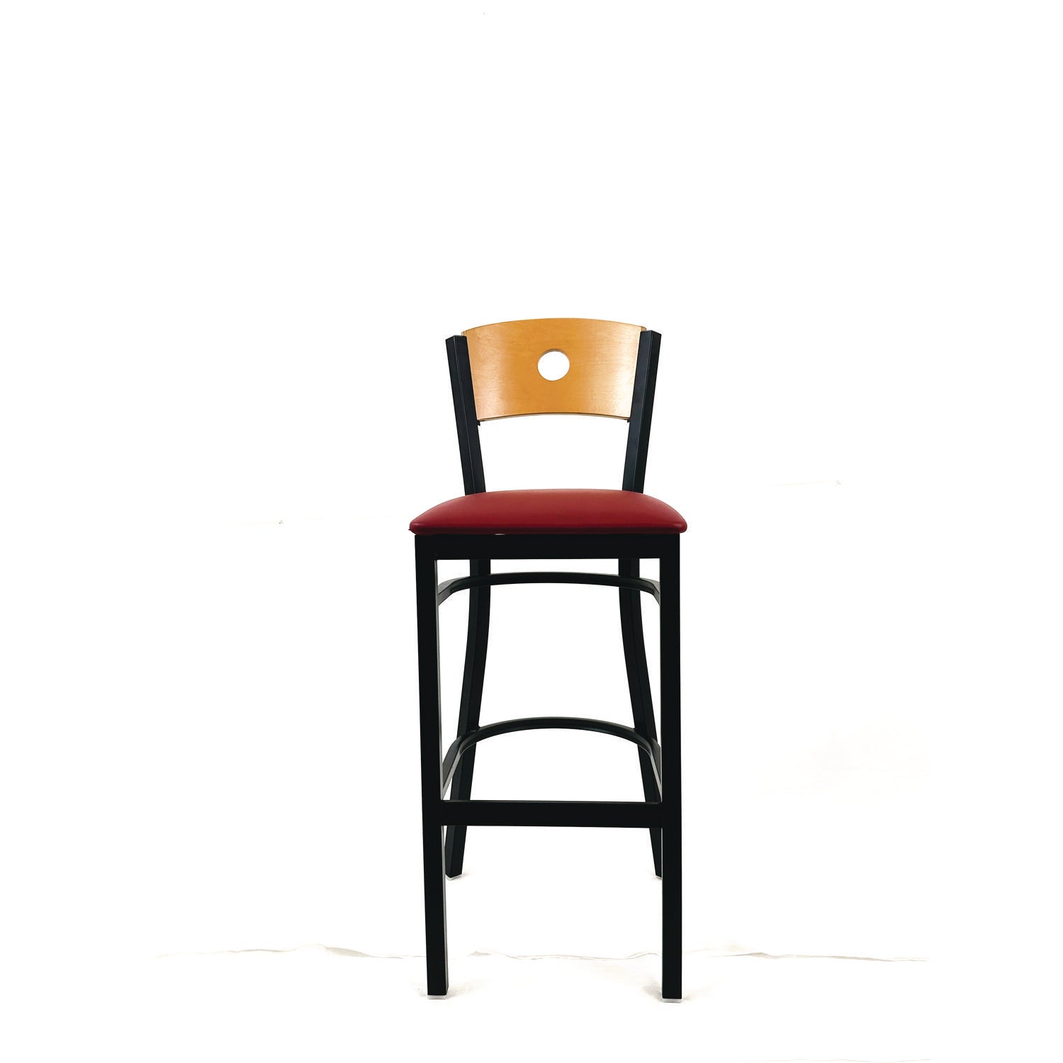 JMC Furniture Circle Series Barstool, Supports Up to 300 lb, 28.5" Seat Height, Burgundy Seat, Natural Back, Black Base