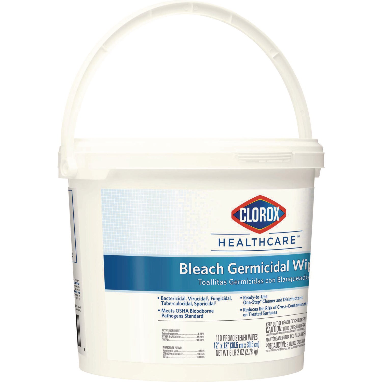 Clorox Healthcare® Bleach Germicidal Wipes, 1-Ply, 12 x 12, Unscented, White, 110/Bucket