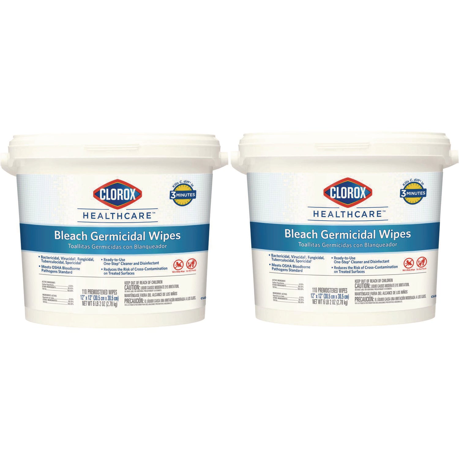 Bleach Germicidal Wipes, 1-Ply, 12 x 12, Unscented, White, 110/Canister, 2 Canisters/Carton