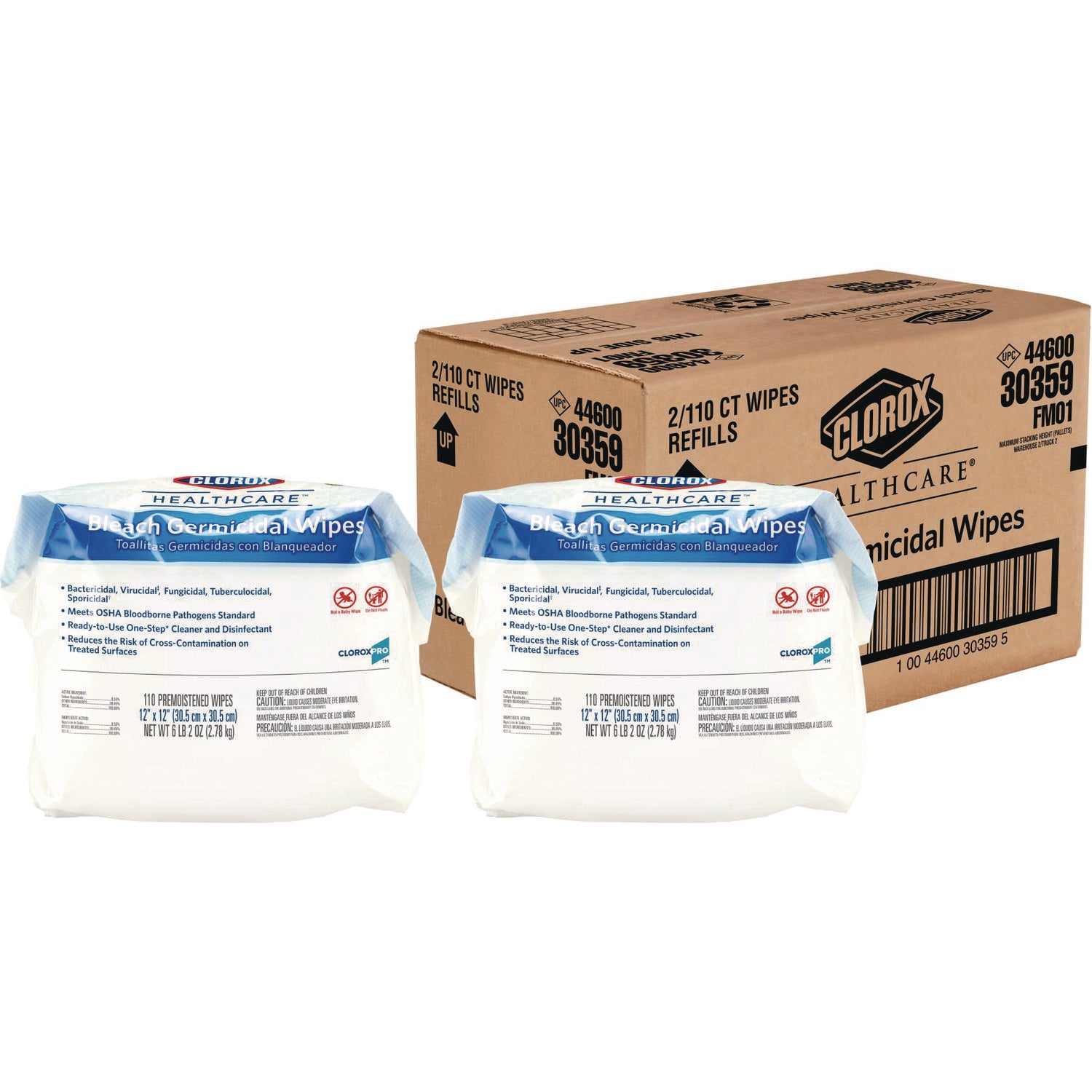 Bleach Germicidal Wipes, 1-Ply, 12 x 12, Unscented, White, 110/Refill, 2 Refills/Carton