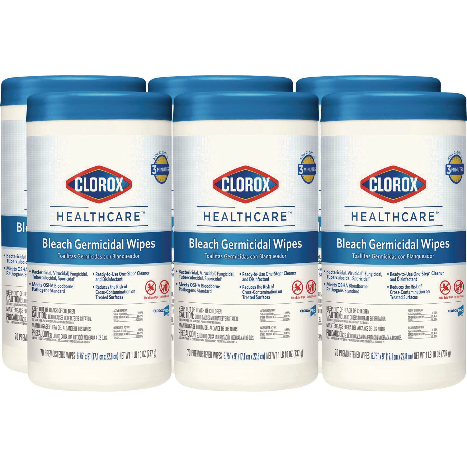 Clorox Healthcare® Bleach Germicidal Wipes, 1-Ply, 6.75 x 9, Unscented, White, 70/Canister, 6 Canisters/Carton