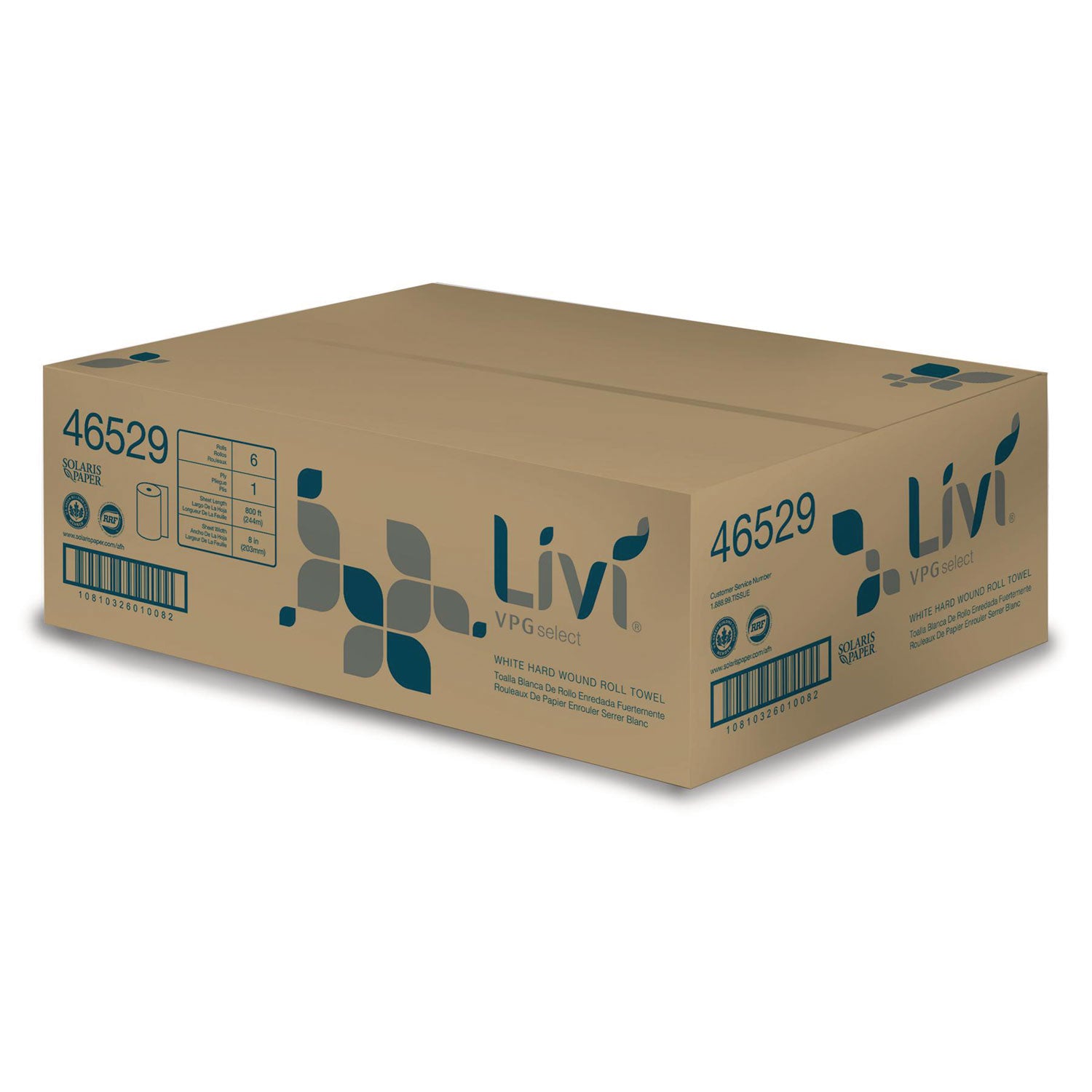 Livi® VPG Select Hard Wound Roll Towel, 1-Ply, 8" x 800 ft, White, 6/Carton