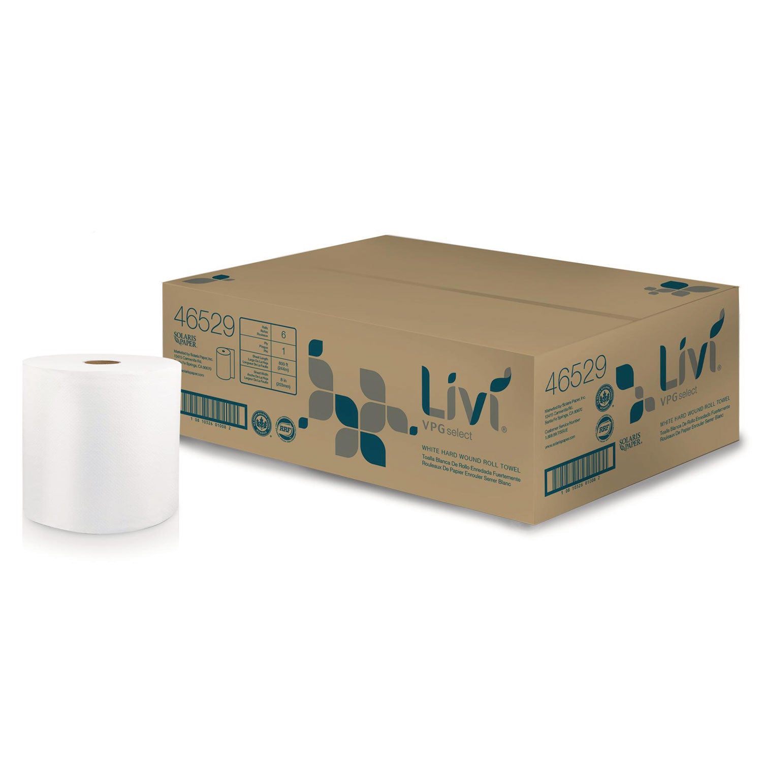 Livi® VPG Select Hard Wound Roll Towel, 1-Ply, 8" x 800 ft, White, 6/Carton