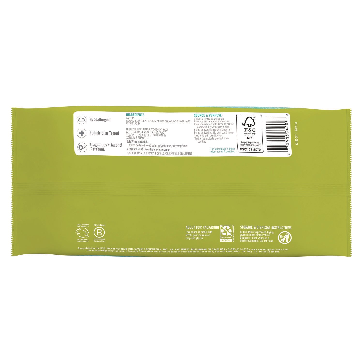 Seventh Generation® Free and Clear Baby Wipes, 7 x 7, Unscented, White, 64/Flip-Top Pack