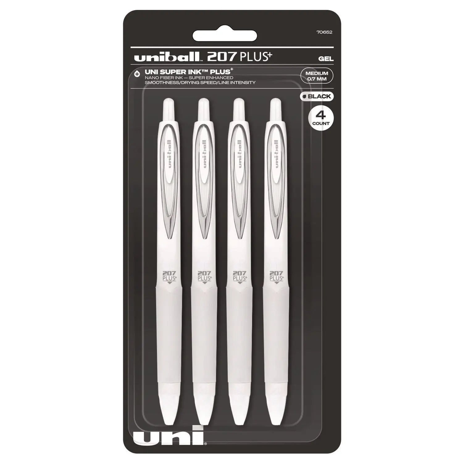 207 Plus+ Gel Pen, Retractable, Medium 0.7 mm, Black Ink, White Barrel, 4/Pack