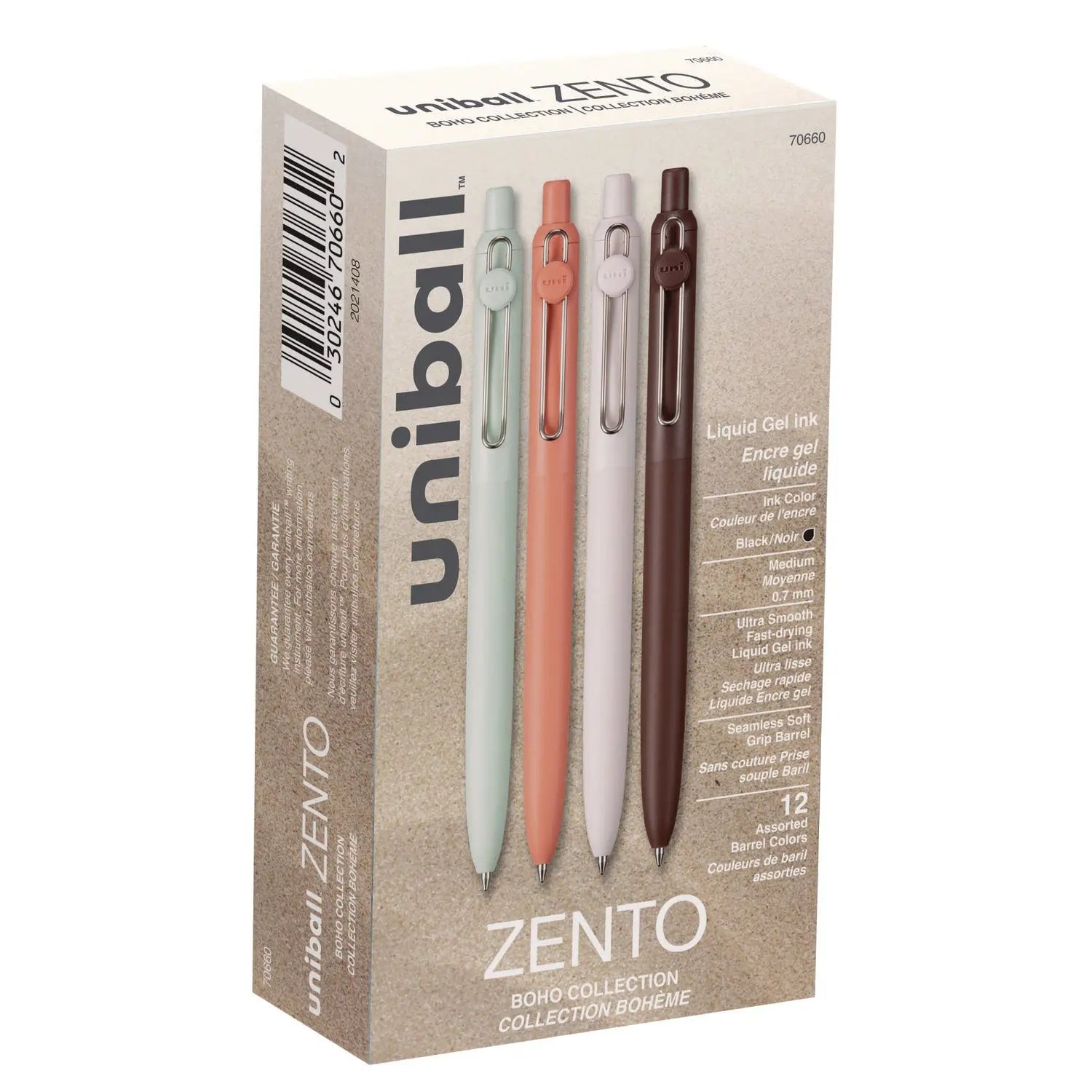 Zento Gel Pen, Retractable, Medium 0.7 mm, Black Ink, Adobe/Linen/Mist/Umber Barrel Colors, Dozen