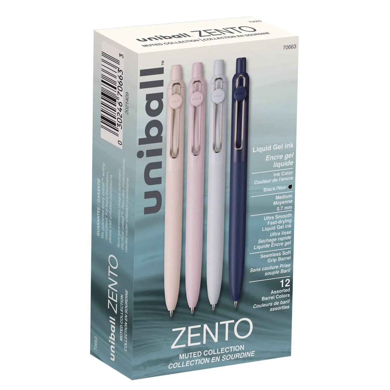 Zento Gel Pen, Retractable, Medium 0.7 mm, Black Ink, Coastal/Fog/Ivory/Lavender Barrel Colors, Dozen
