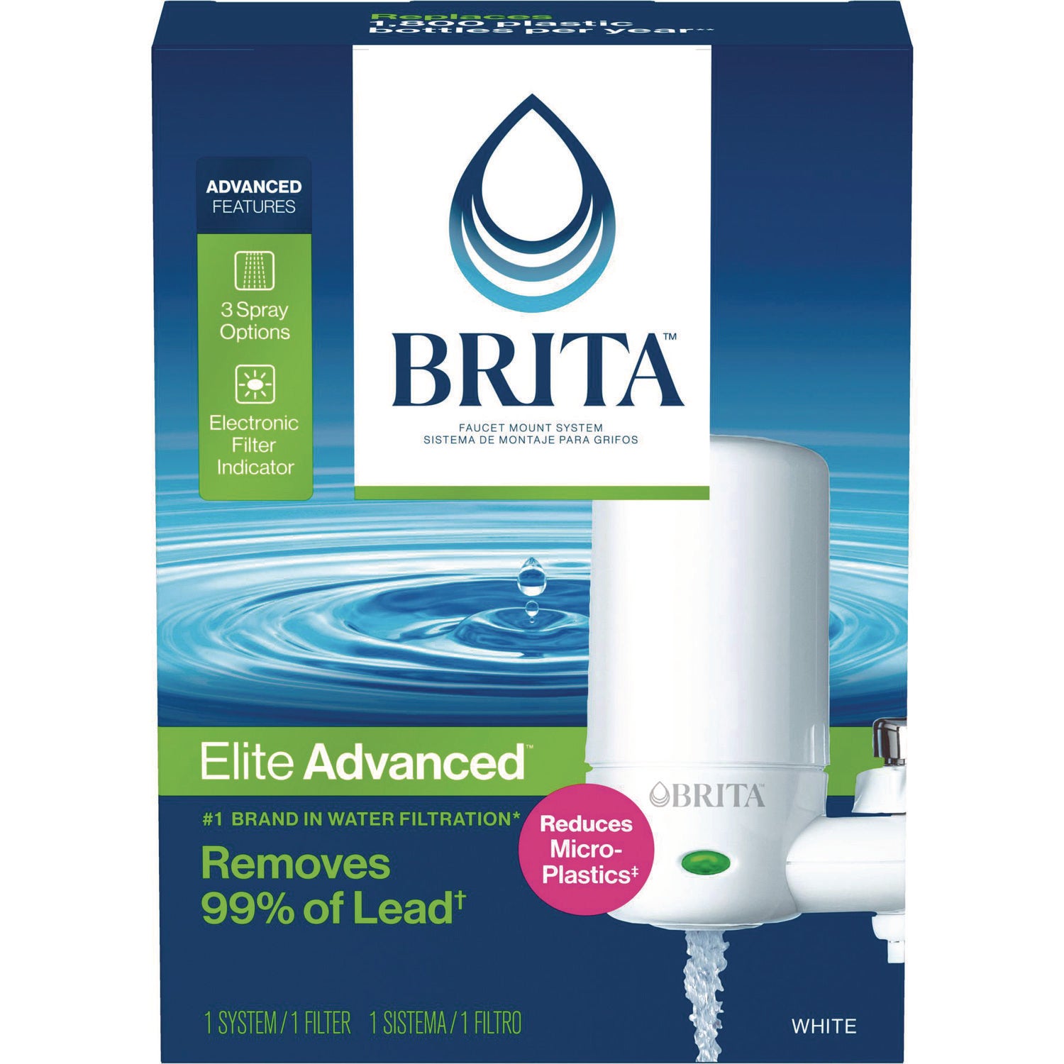 Brita® Water Faucet Mount Filtration System, Filter Change Reminder, White, 4/Carton
