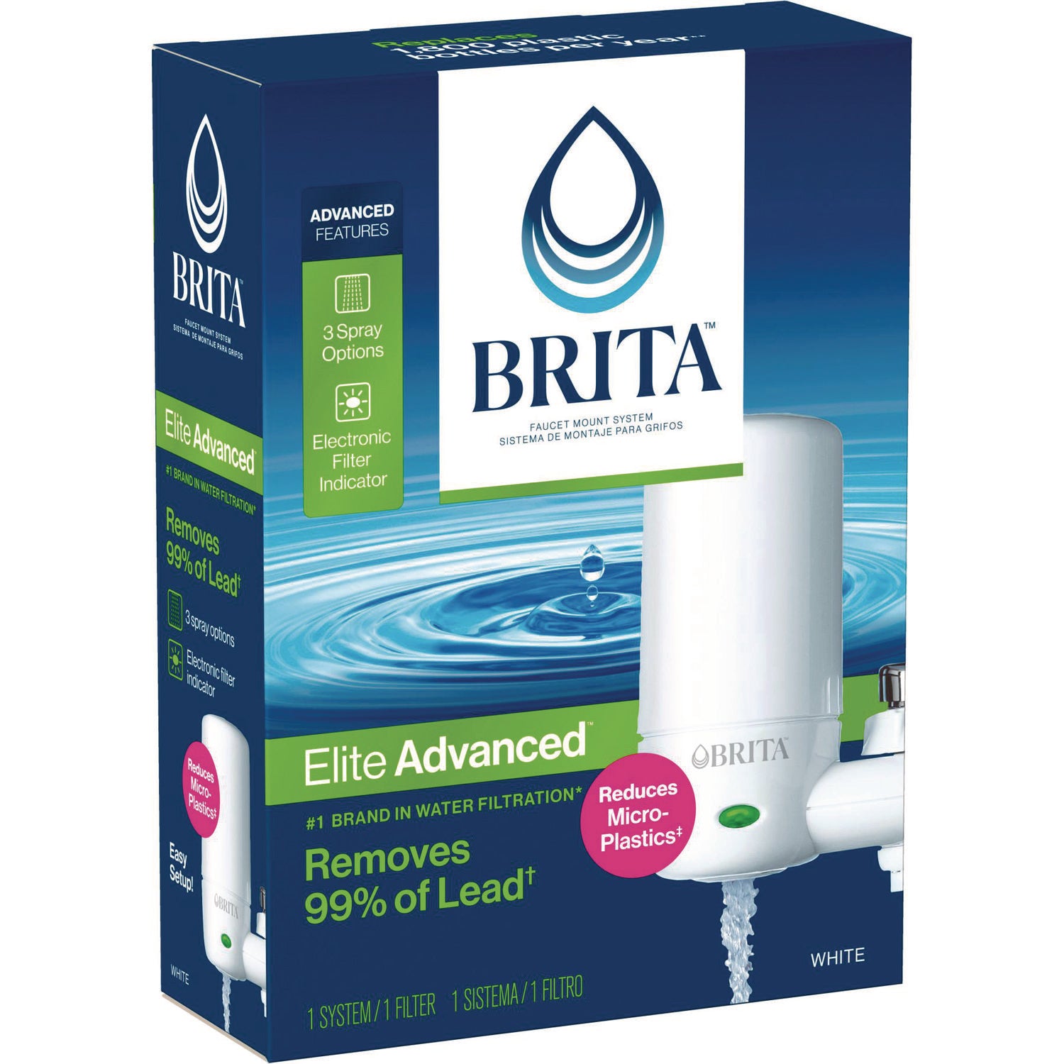 Brita® Water Faucet Mount Filtration System, Filter Change Reminder, White, 4/Carton