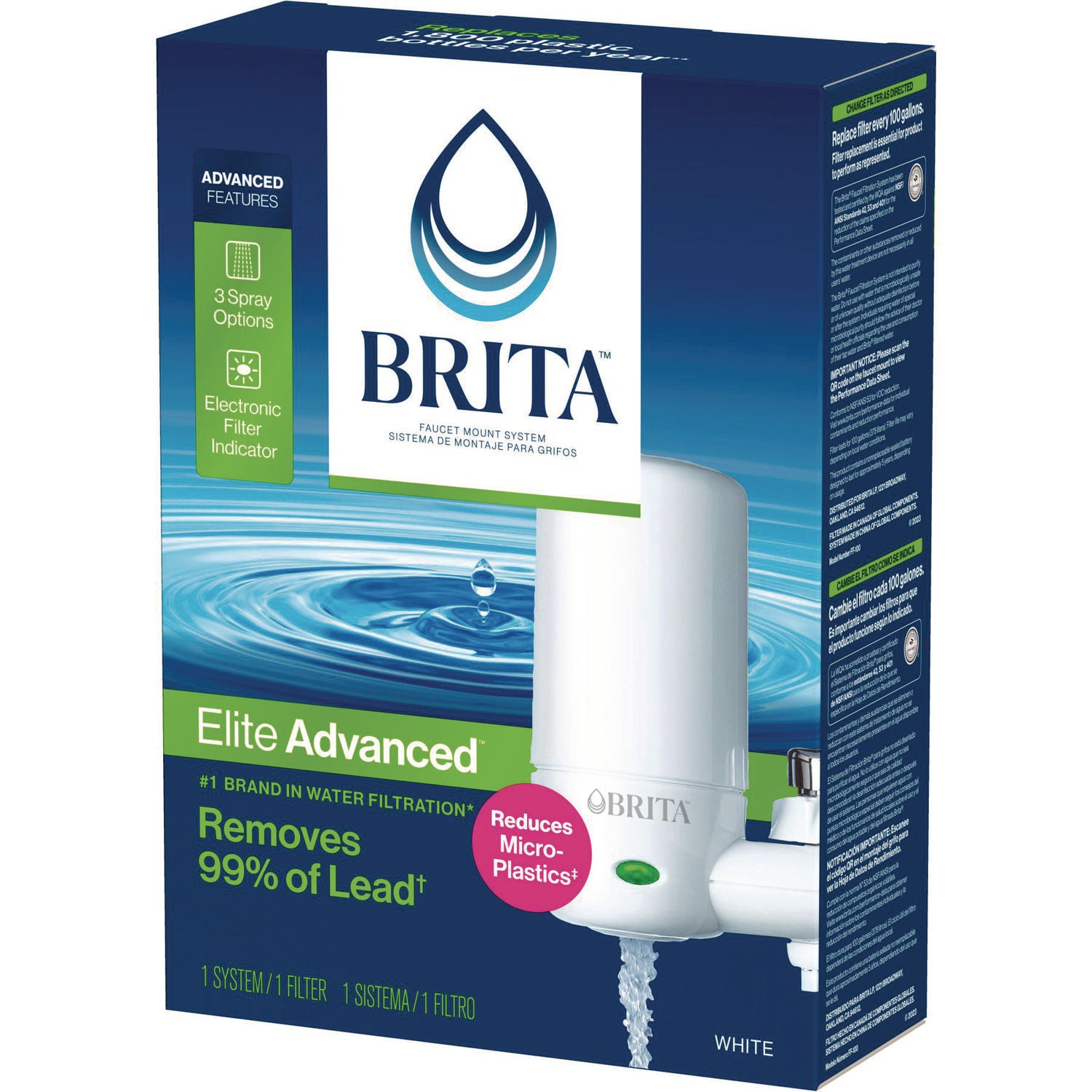 Brita® Water Faucet Mount Filtration System, Filter Change Reminder, White, 4/Carton